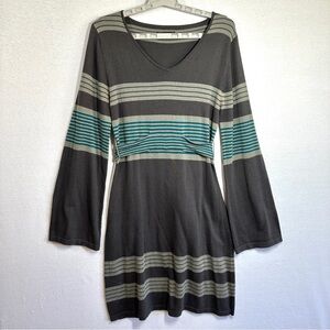 Prana Sydney Sweater Dress Womens M Gray Striped Tie Waist Bell Sleeves Belt
